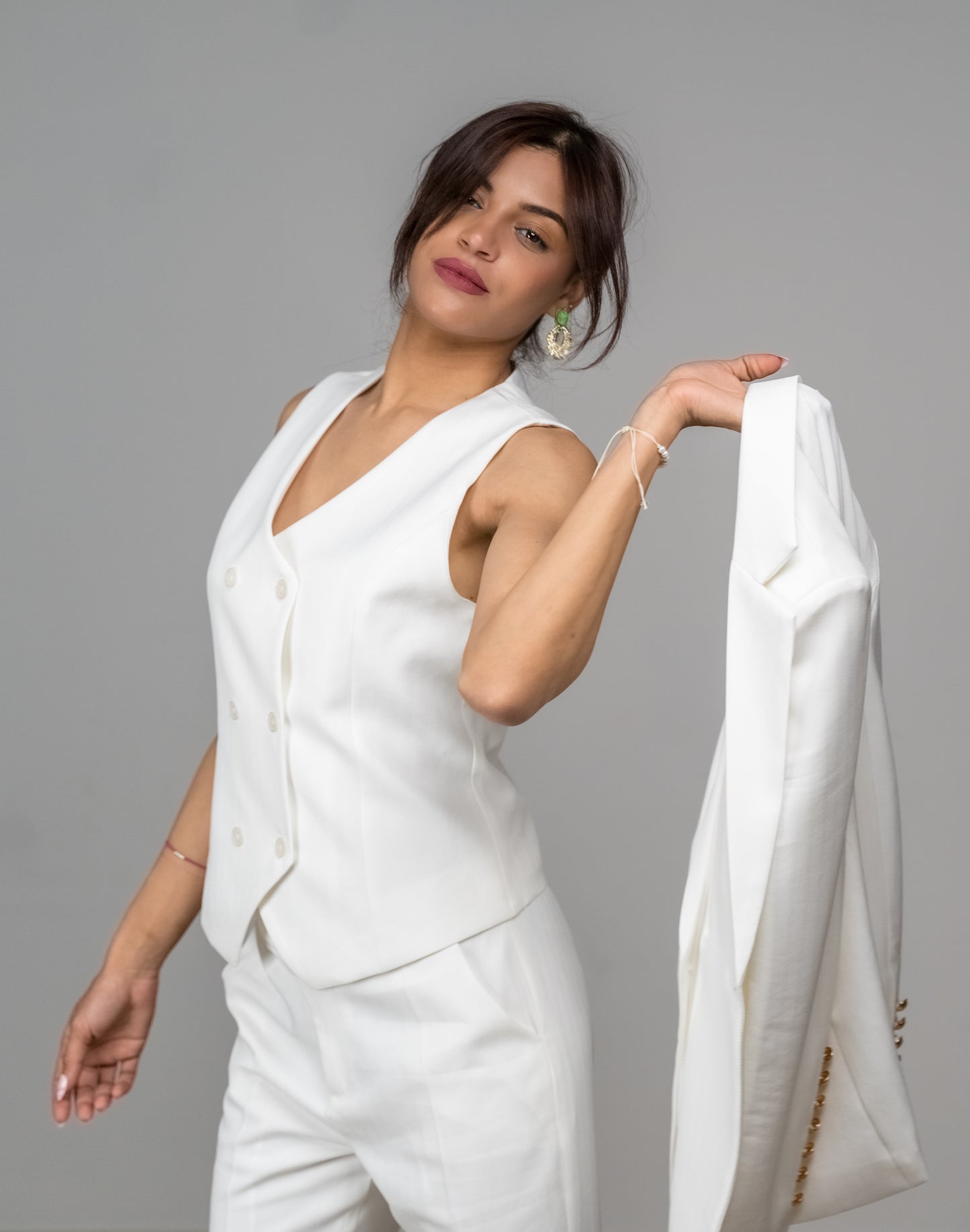 Tailleur 3 Pièces Femme – Blazer Croisé, Gilet et Pantalon Crayon – Style Britannique pour le Bureau