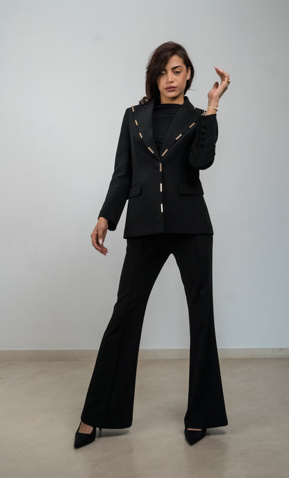 Tailleur Élégant 2 Pièces Femme – Blazer Cranté à Bouton Unique et Pantalon Évasé