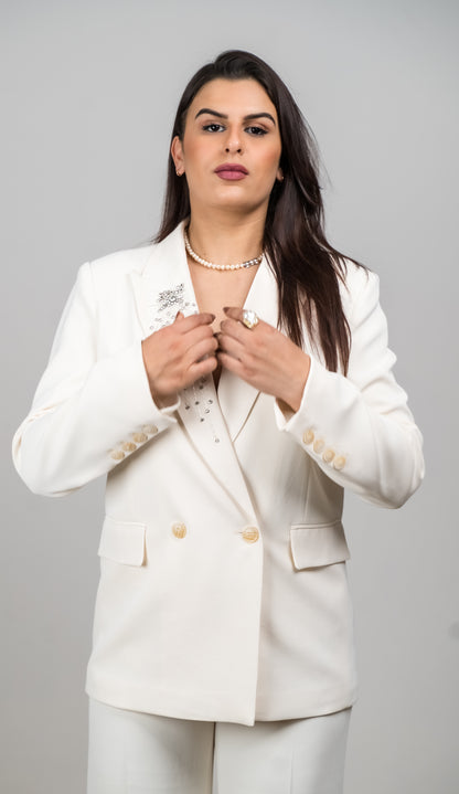 Refined Business Suit with Rhinestones and Pearls &amp; Straight Trousers