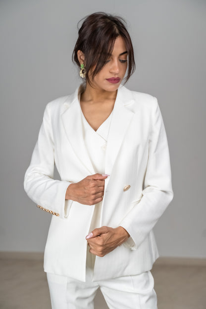 Tailleur 3 Pièces Femme – Blazer Croisé, Gilet et Pantalon Crayon – Style Britannique pour le Bureau