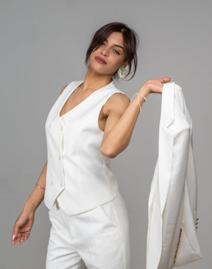Tailleur 3 Pièces Femme – Blazer Croisé, Gilet et Pantalon Crayon – Style Britannique pour le Bureau