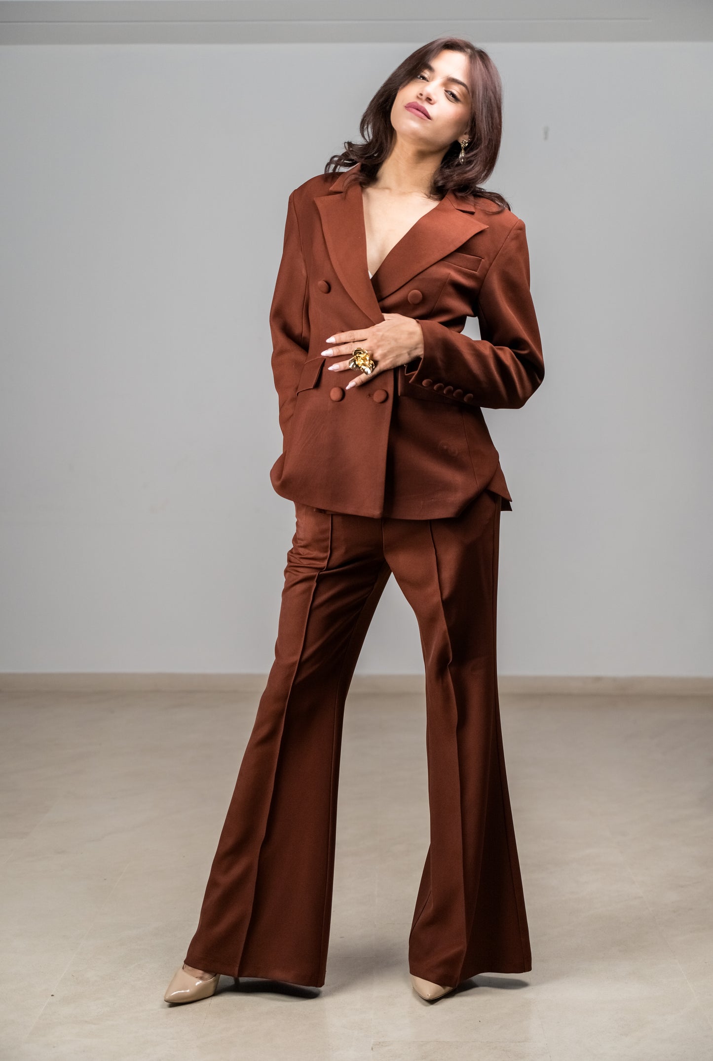 Chic Suit for Women – Double Breasted Blazer and Flared Trousers